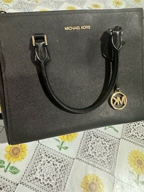 Michael Kors Black Saffiano Leather Satchel with Gold MK Charm